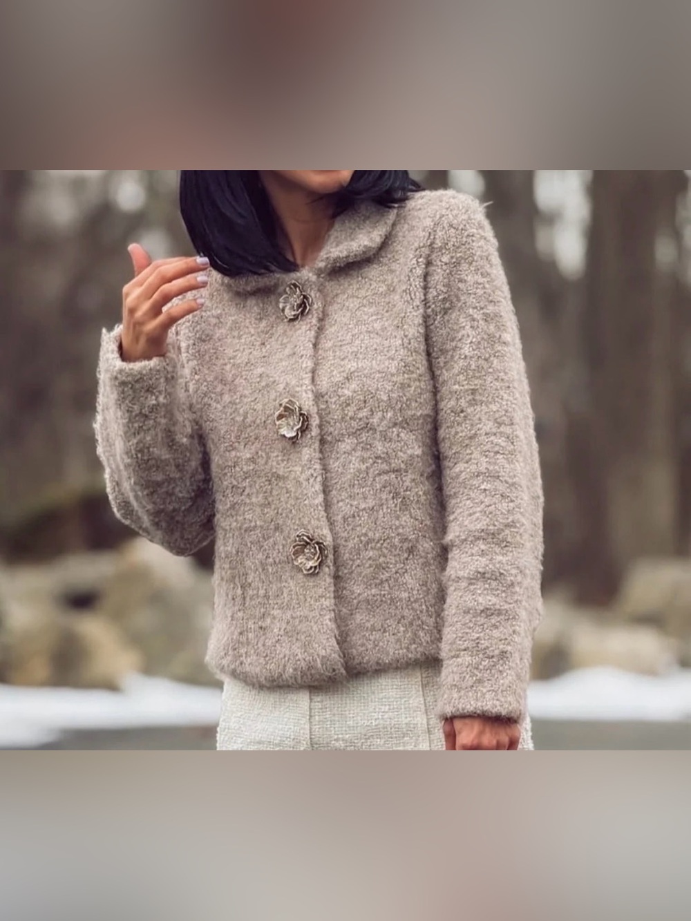 Zara Taupe Teddy Jacket with Floral Button Accents